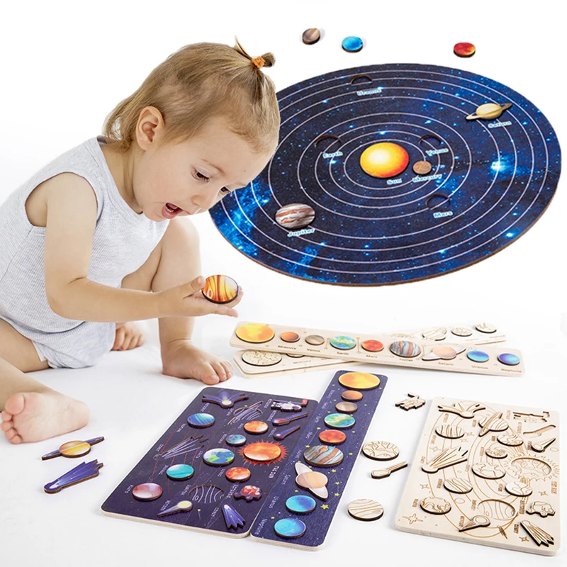 Rompecabezas Montessori de madera para niños, juego de planetas espaciales, bandeja, universo, Sistema Solar, juguete de aprendizaje de Ciencia