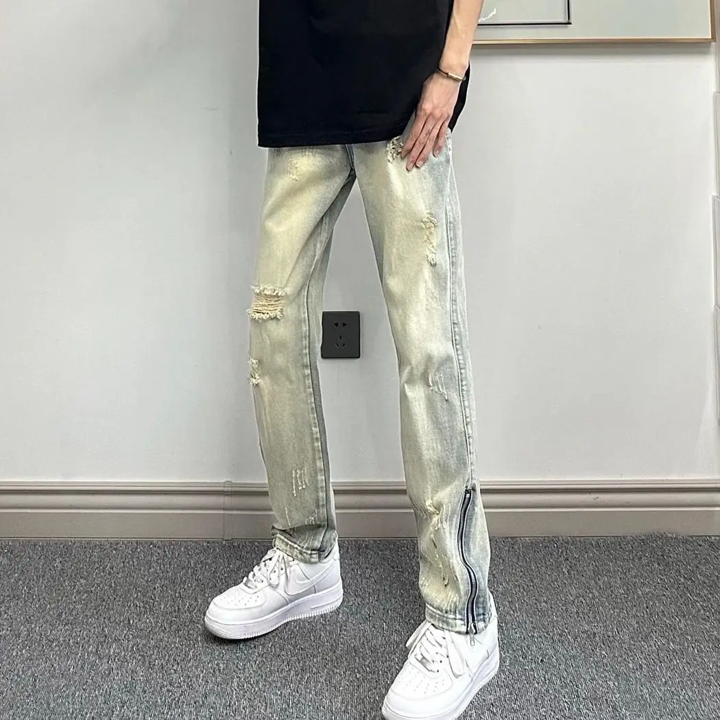 

Новинка 2025 года, мешковатые мужские брюки, джинсы в стиле панк, мужские американские уличные брюки-карго на молнии, старые тонкие модные прямые рваные брюки-карго с дырками