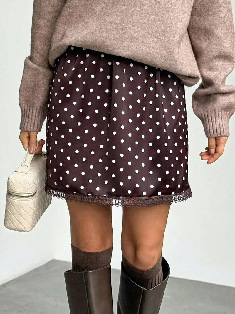 New Chic Dot Printing Mini Skirt for Women Y2K Clothes 2026 Lace Trim Satin Short Dress High Waist Lady Elegant A line Skirt