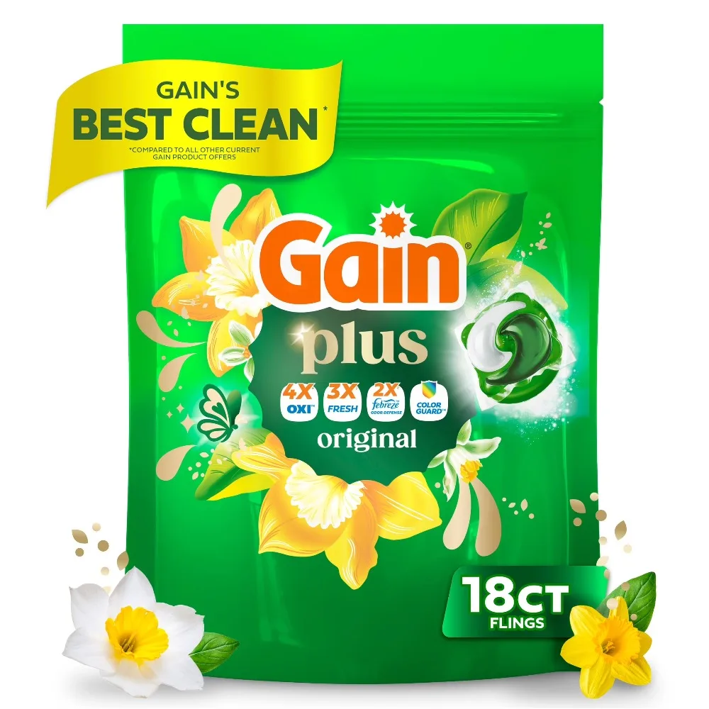 Plus Flings Laundry Detergent Liquid Washing Pacs, Best All-In-One Clean, Original Scent, 18 Count