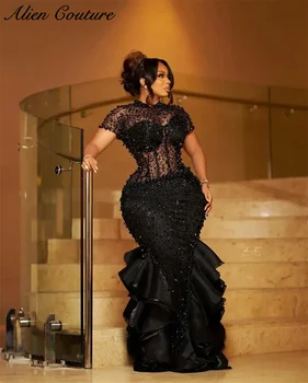Elegante zwarte zeemeermin avondjurken kralen diamanten parels bruiloft receptie jurk verjaardag jurk vestidos de noche aangepast