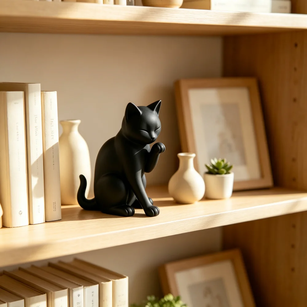 Matte Black Cat 3D printed figurine Cute Paw Washing Cat Statue Minimalist Home Decor Ornament for Nightstand Bedroom Decor Gift
