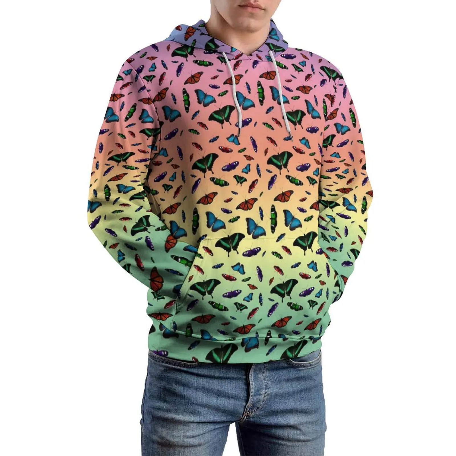 Rainbow Butterfly Casual Hoodies Male Animal Elegant Pattern Hooded Sweatshirts Autumn Long Sleeve Street Style Oversized Hoodie