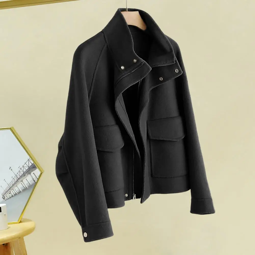 Winter Woolen Coat with Side Pockets Zp-up Press Button Turn-down Collar Long Sleeve Thick Jacket Outerwear