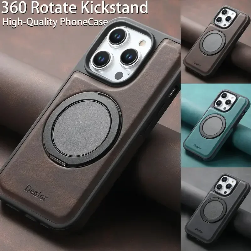 

360 ° Чехол для телефона с поворотным магнитным кольцом и подставкой для iPhone 17, Air 16, 15, 14, 13, 12 Pro Max, противоударный чехол из искусственной кожи, магнитный чехол