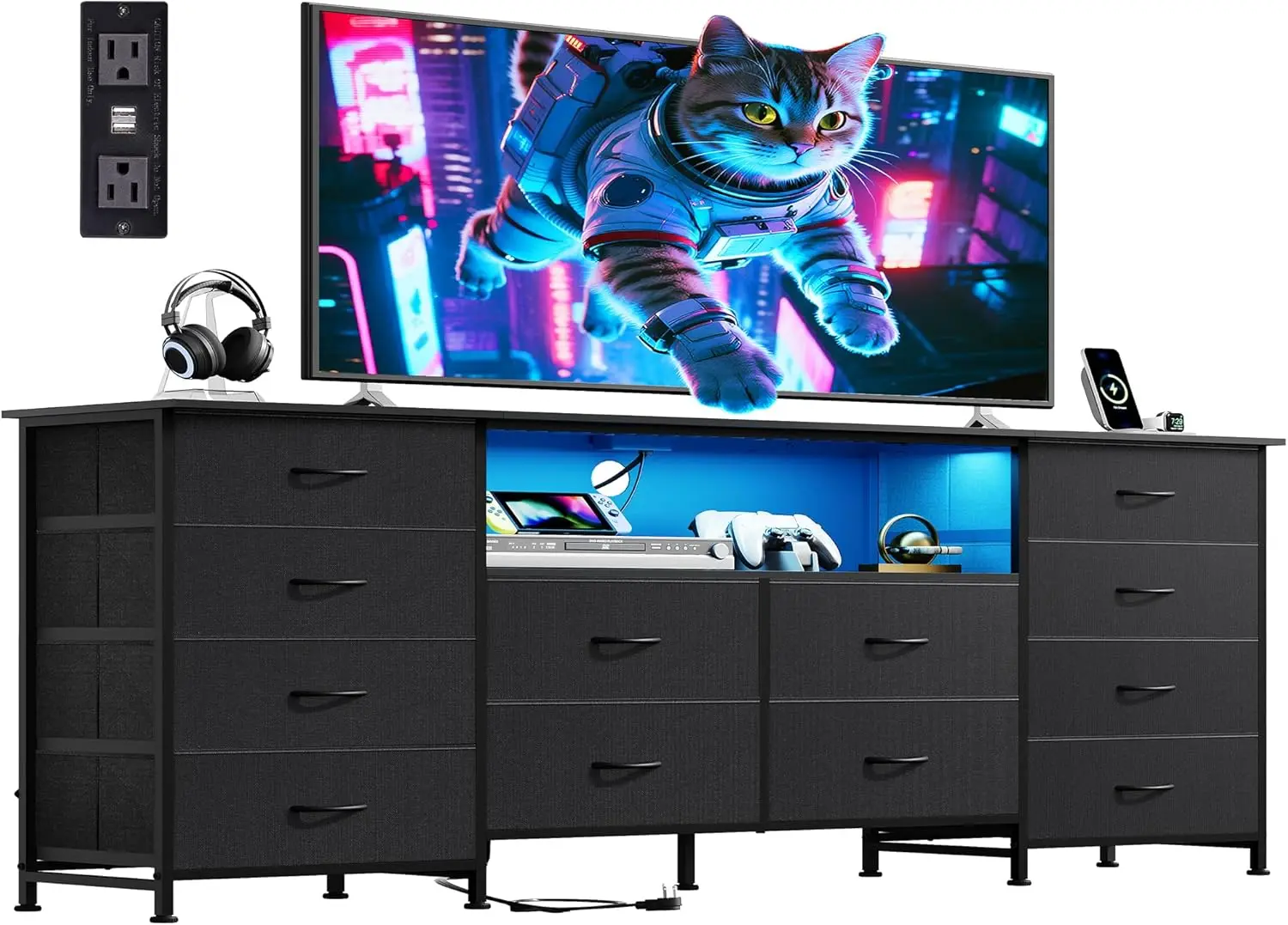 

12 Drawer Dresser for Bedroom, Black Dresser TV Stand for 65, 70, 75 inch TV with Led Light & Charging Station, Wide