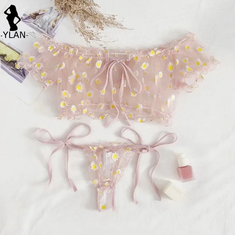 

Wire Free Lingerie Set Off-Shoulder Sexy Women's Underwear Small Chest Bralette+Thong Lace Swimsuit Beachwear New Flower Bra Set