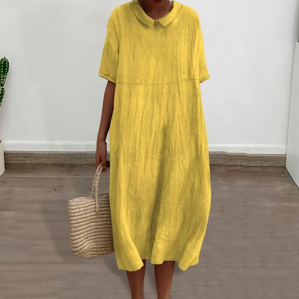 

Длинное платье, Стильное женское платье миди с коротким рукавом, свободный однотонный пуловер с отворотом для лета и осени, повседневная одежда для женщин