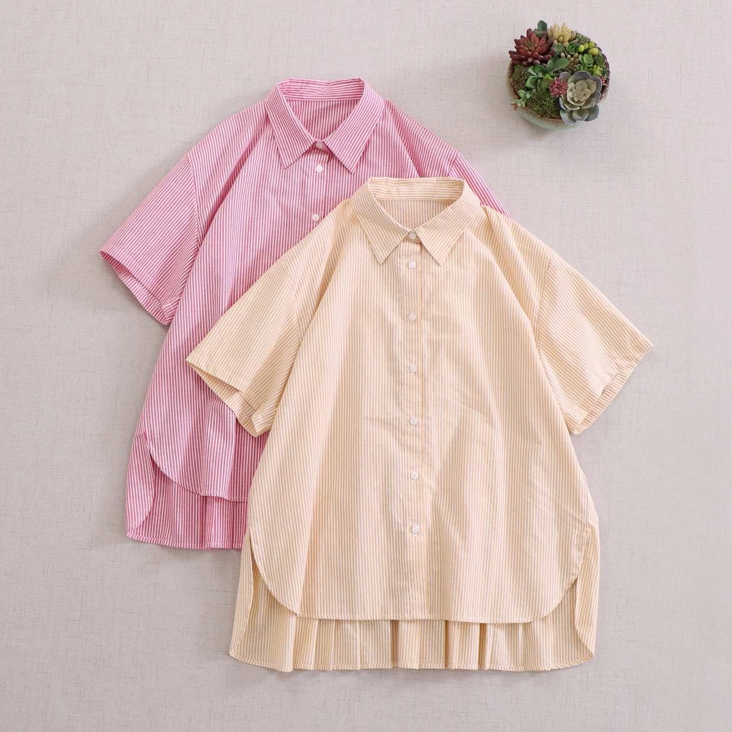 

Japanese Sweet Mori Girl Solid Color Vintage Striped Cotton Shirts Women Turn Down Collar Short Sleeve Casual Loose Blouse Tops