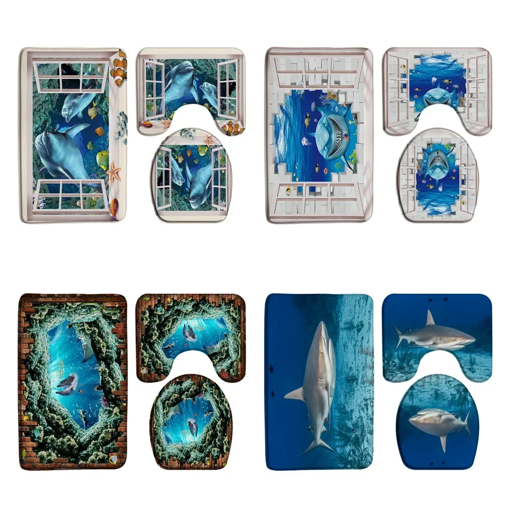 Dolphin Bath Mat Ocean Animal Sea Sunlight Shark Underwater Bathroom Rug Set Toilet Seat Lid Cover Non Slip Pad Blue Carpet Home