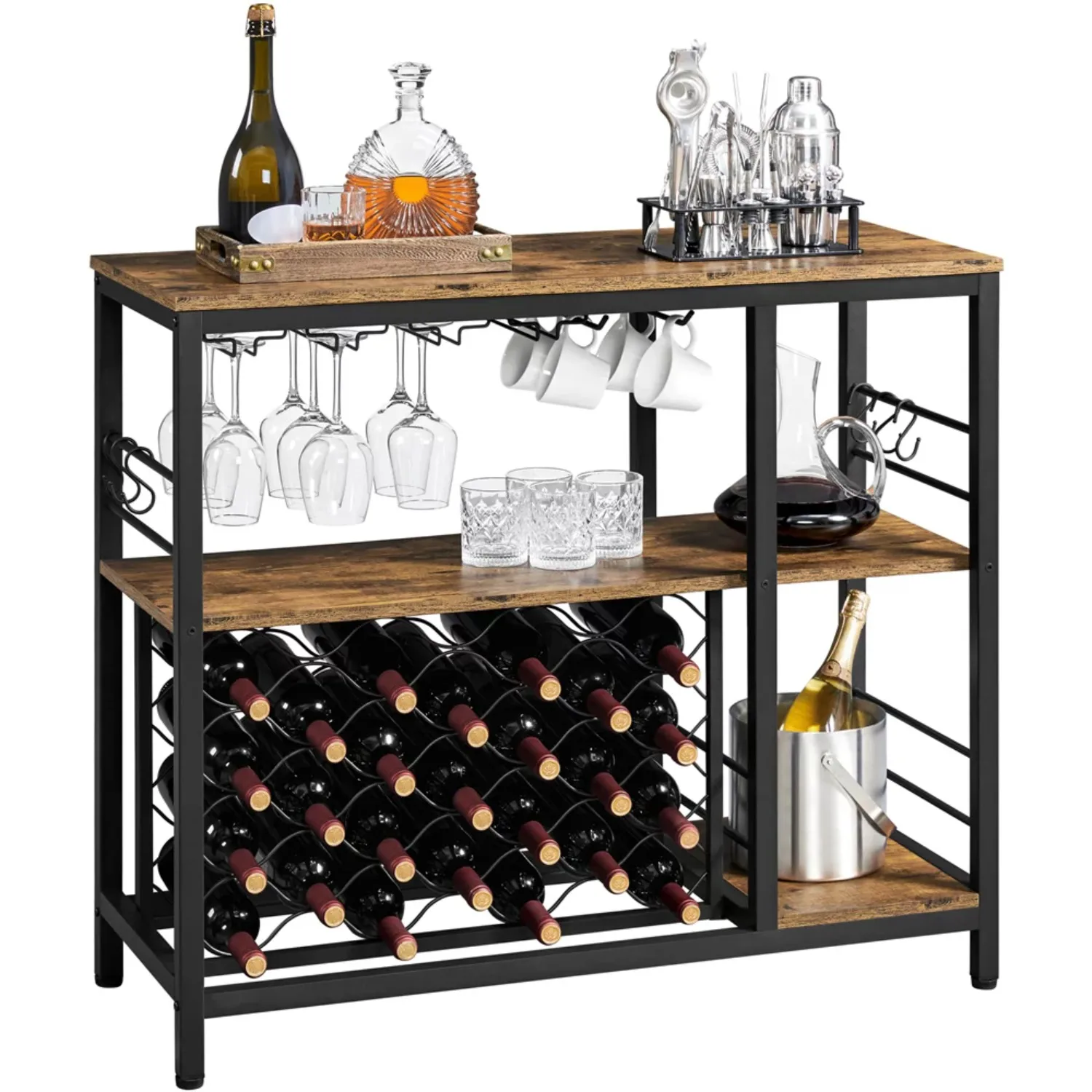 

Industrial Home Bar Wine Rack with Glass Holder for Living Room Kitchen, Rustic Brown