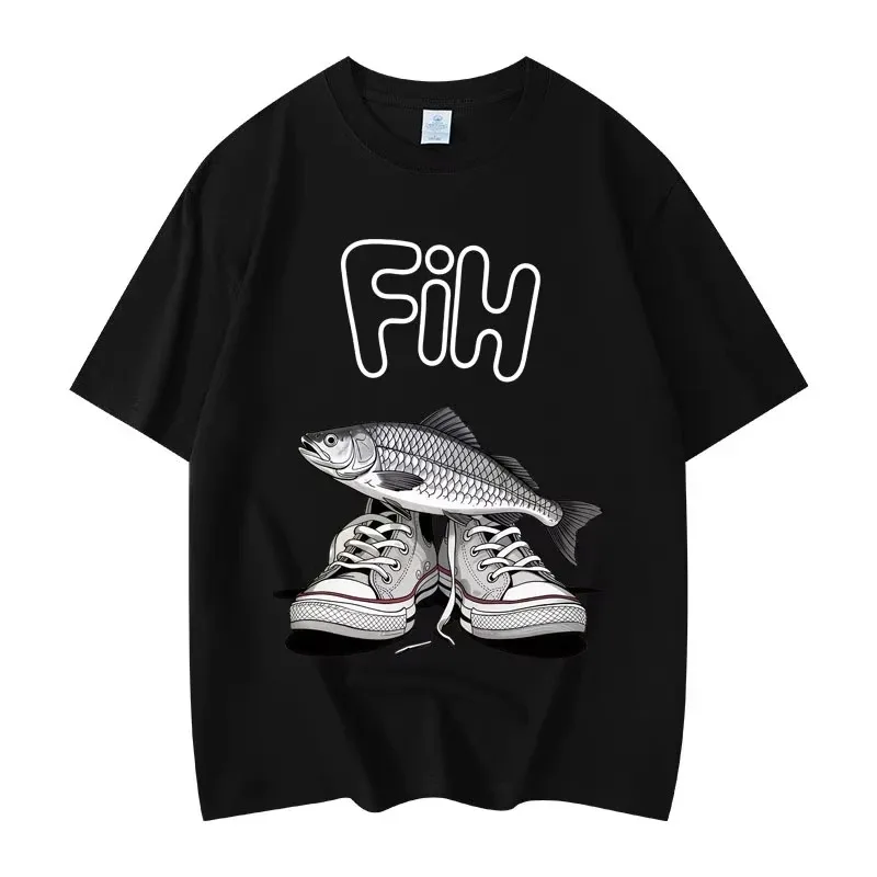 Camisetas con estampado de peces y zapatillas para hombre y mujer, ropa de moda de venta al por menor, camisetas informales holgadas de manga corta