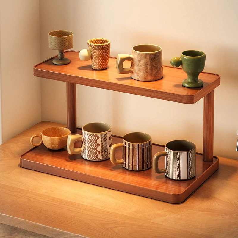 Organizador de suporte de copo de mesa multiuso para escritório/casa, rack de caneca de café com economia de espaço de 2 camadas para garrafas de água e conjunto de chá