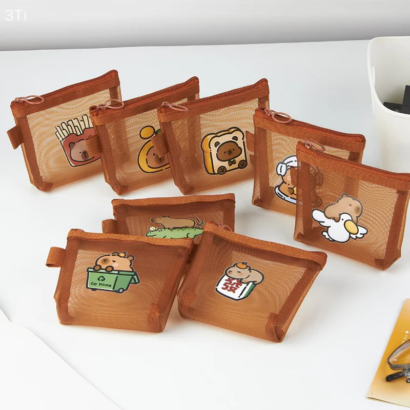 1 шт., модный сетчатый кошелек с изображением капибары, многофункциональный корейский стиль, чехол для ключей на молнии, прозрачная мини-косметичка для путешествий