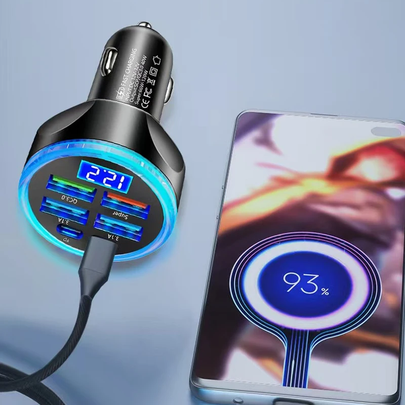 Adaptador Tipo C USB C de 6 Puertos, Cargador para Auto para iPhone 17 16 15 14 Pro Max Plus, Carga Rápida Súper Rápida con Pantalla LED Digital, PD 30W 4