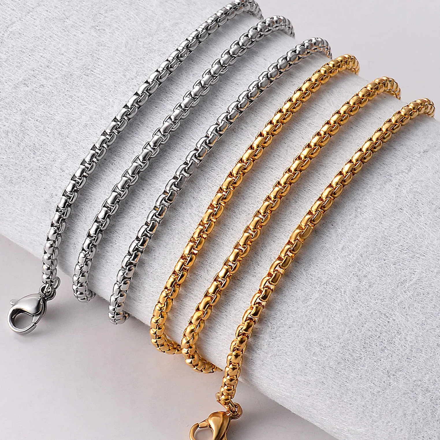 Hip Hop Necklaces For Men Women Gold Color Stainless Steel Necklace 3MM Square Pearl Chain Rapper Chain Personality Jewelry C021
