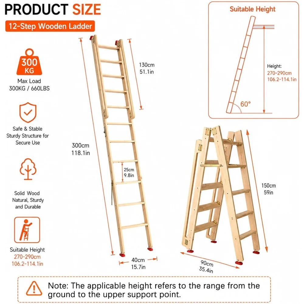 Folding Wooden Loft Ladder 12 Steps Rolling Library Ladder with Handrails, 660LBS, Industrial Style
