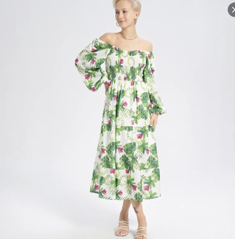 Vestido Maxi con Estampado Tropical de Hojas y Flores, Hombros Descubiertos, Cuerpo Fruncido, Mangas Campana, Vestido Midi Fluido para Vacaciones y Brunch