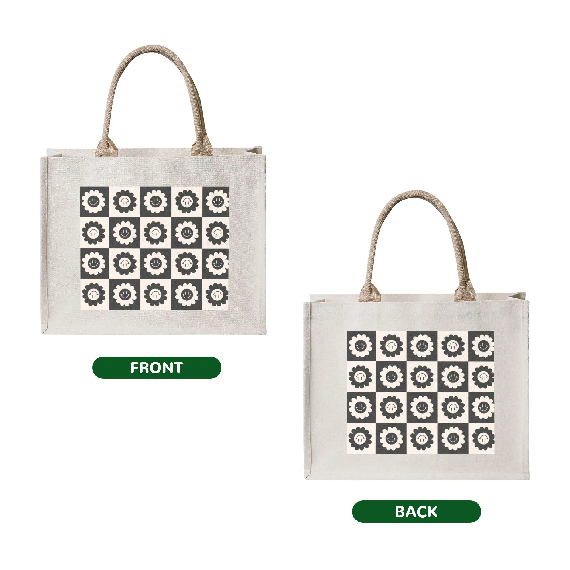 Kawaii Printing Happy Face Checkerboard Daisies  Flowers  Tote Shopping Bag Portable Shopper Shoulder  Handbag