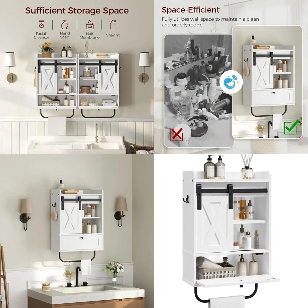 

Белый настенный шкаф в стиле фермерского дома с раздвижной дверцей, регулируемой полкой и вешалкой для полотенец для использования в нескольких комнатах