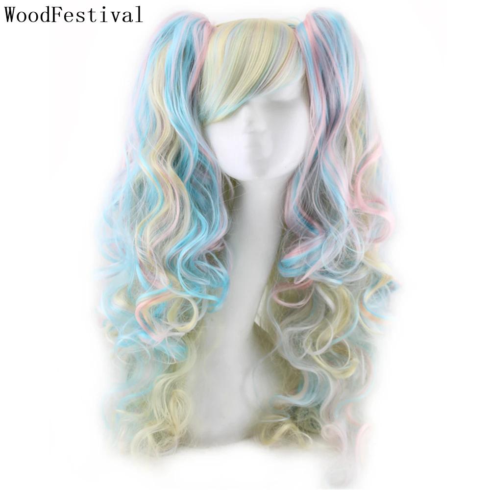 WoodFestival Synthetic Hair Cosplay Wig With Bangs Wavy Long Wigs For Women Two Claw Clip Ponytail Pink Red Blue Black White