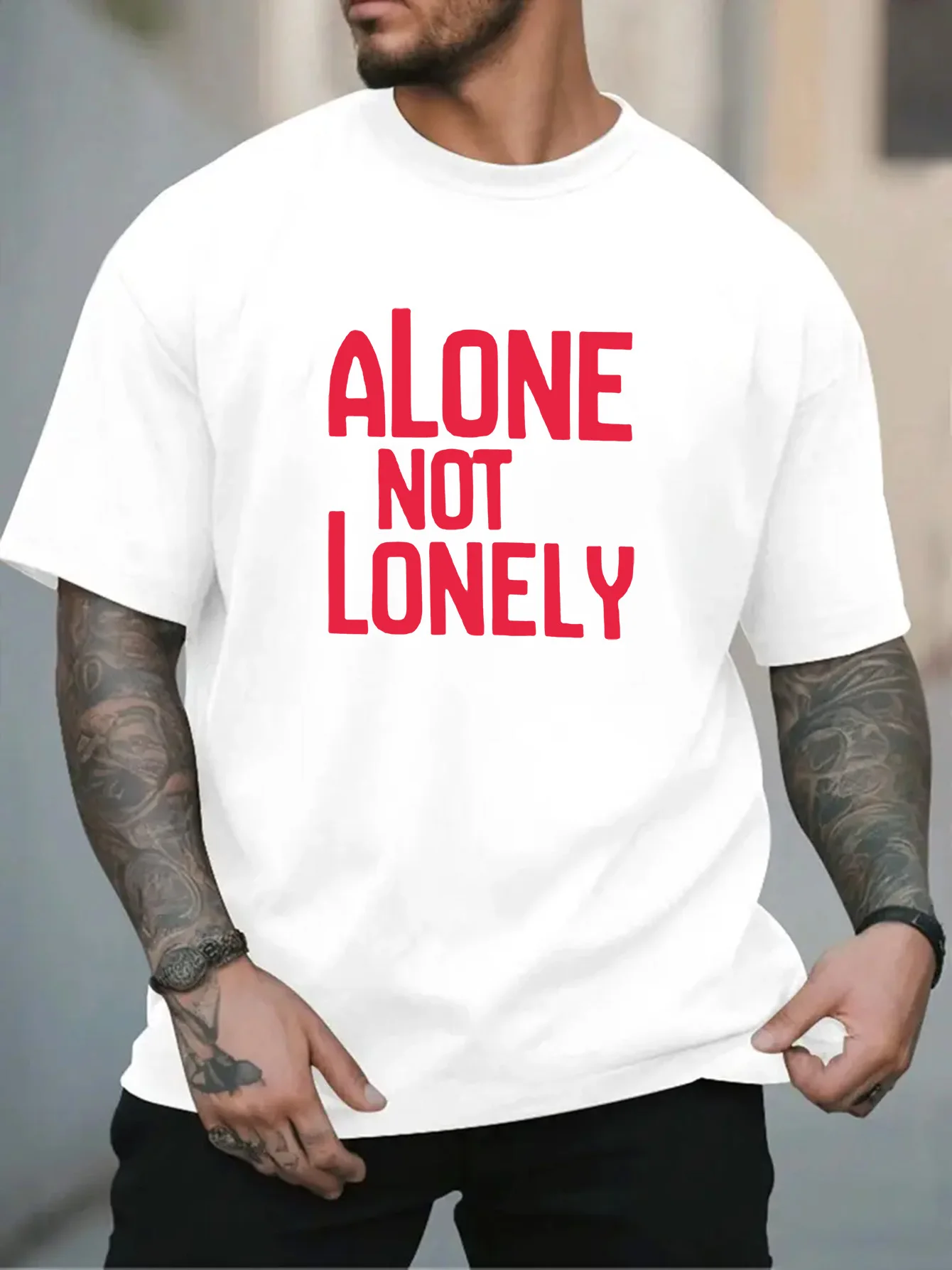 Men Black Crew Neck Tee Bold Red Text Alone Not Lonely Minimal Motivational Statement Self Love Casual Soft Cotton Male Tops