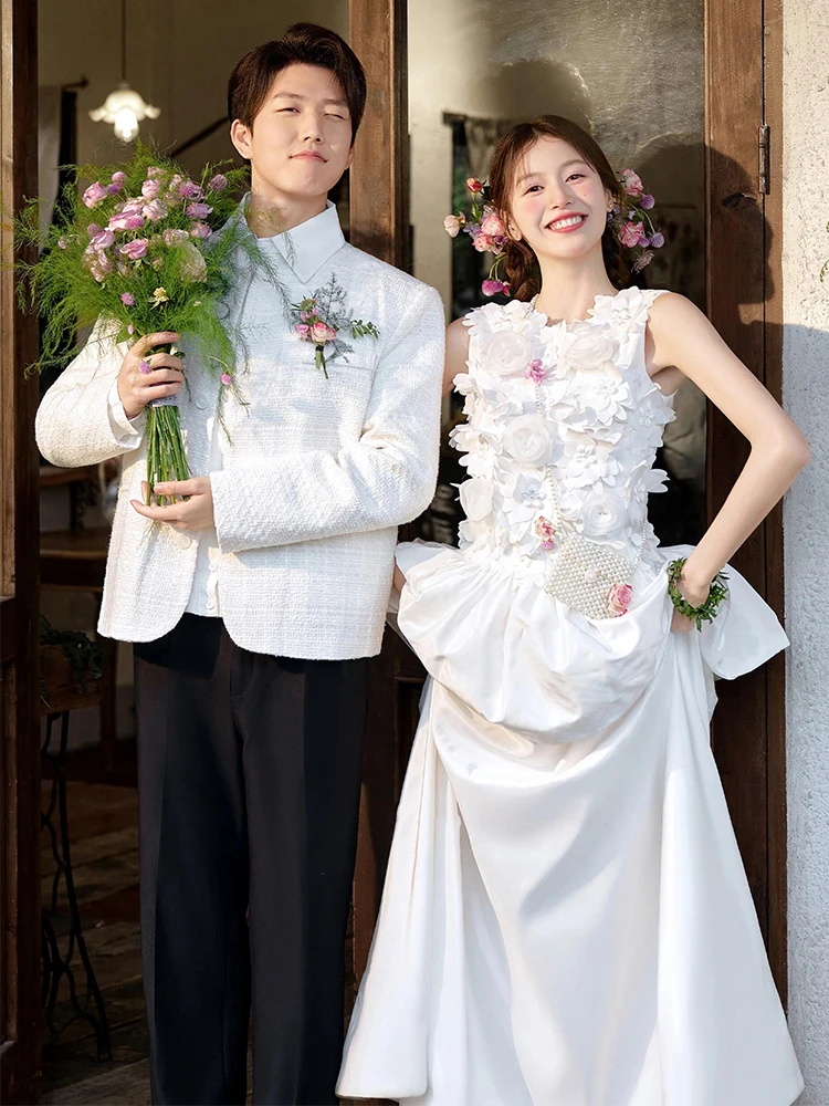 

Свадебное платье Princ Sle из атласной ткани с цветочной вышивкой, бюстье и длинная юбка для фотосессий на открытом воздухе и церемоний помолвки