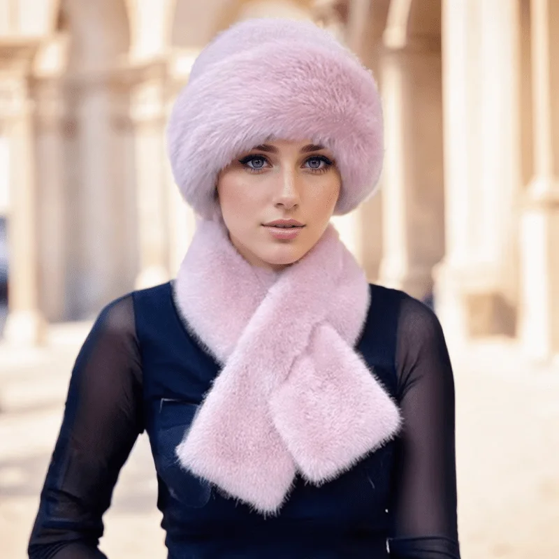 Rabbit Fur Hat and Gloves Set for Women Autumn Winter Solid Color Knitted Beanie Warm Ear Protection Ski Accessories