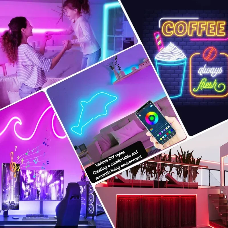 RGB Neon LED Strip Lights Tuya App Control 16Colors Dimmable DIY Waterproof Flexible Ribbon Tape Neon Lights for Room Decoration