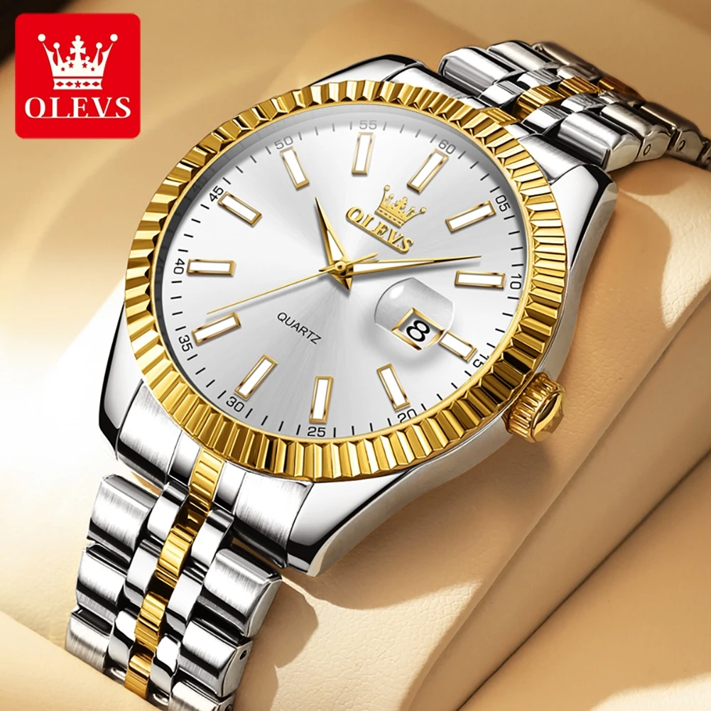 OLEVS 5593 Luxus Herrenuhr Business Wasserdicht Edelstahl Kalender Leuchtende Quarzuhr für Männer