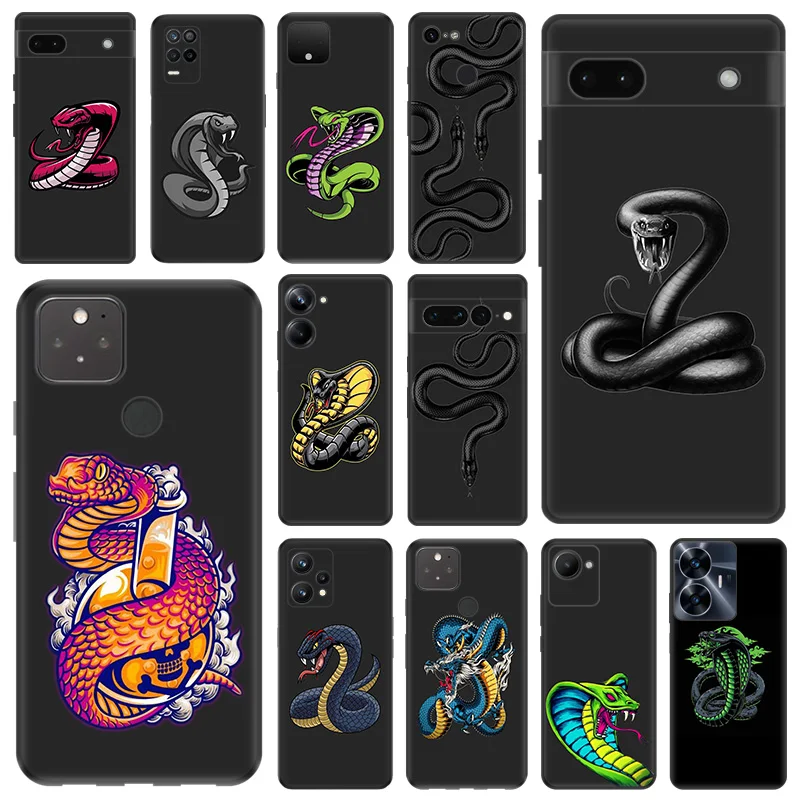 Black Matte Phone Case For Motorola Moto Edge 30 40 20 Pro G200 One Fusion Snake Cobra Python Pixel 8a 7a 6a 7 8 6 Soft Cover