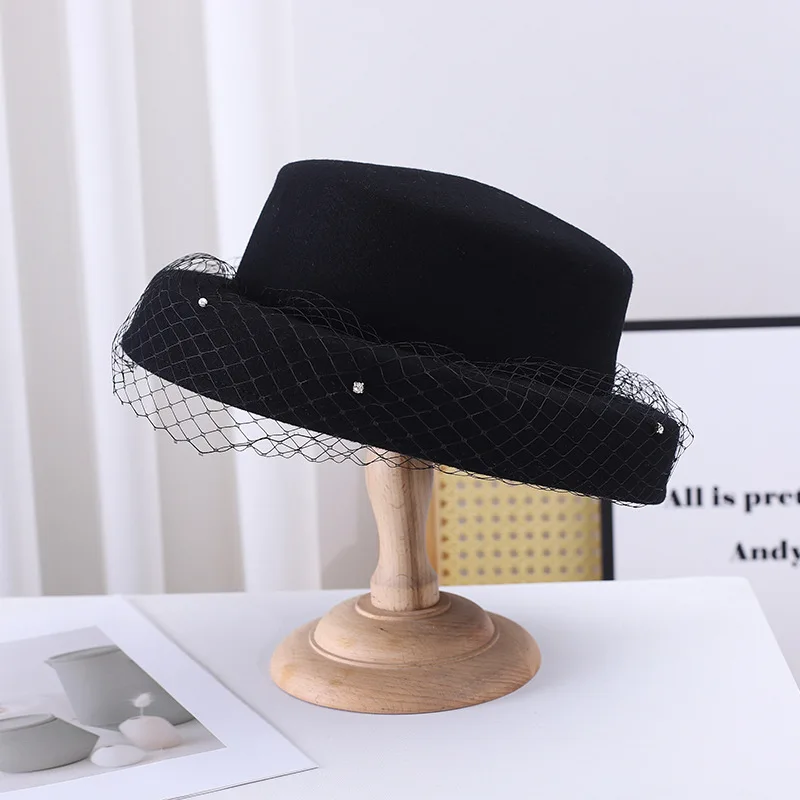 French elegant mesh beret High quality Australian wool top hat Hepburn style banquet fashion hat