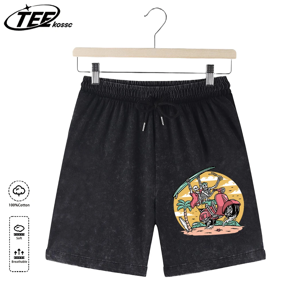 

Car Skeletons Stylized Coconut Tree Printing Summer Men Youthful Washed Pants Basics Cotton Bottom Hip Hop Street Sportpants