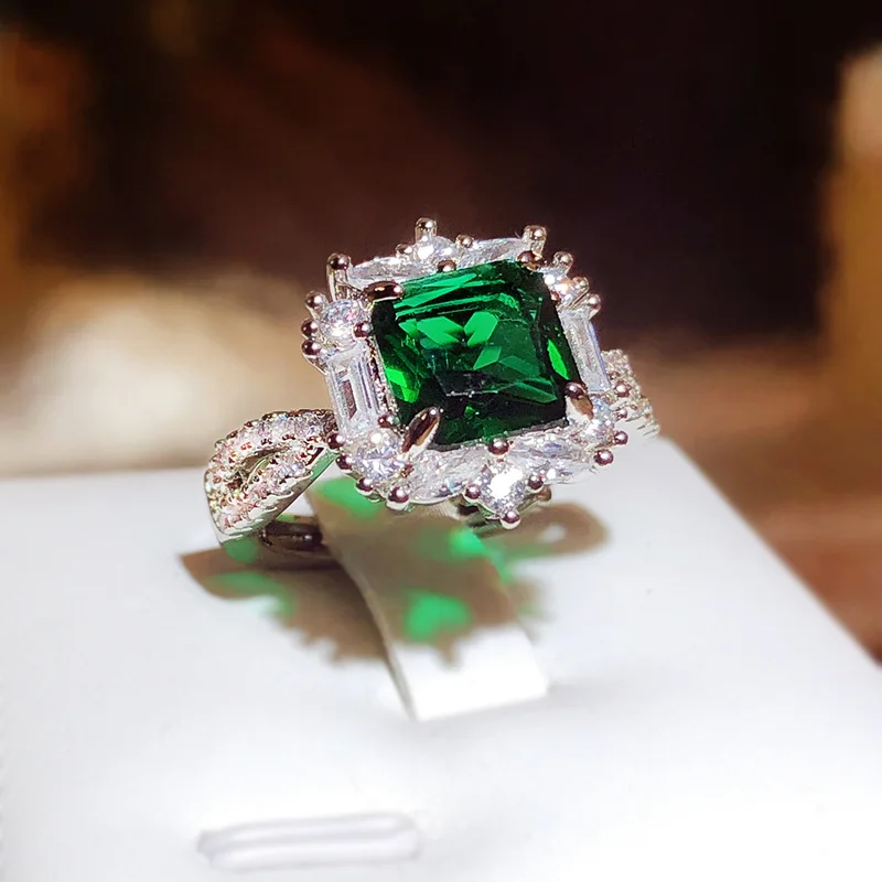 Bling Bling Zirconia Flower Emerald Wedding Rings For Women High-quality 925 Sterling Silver Proposal Engagement Bands Jewelry