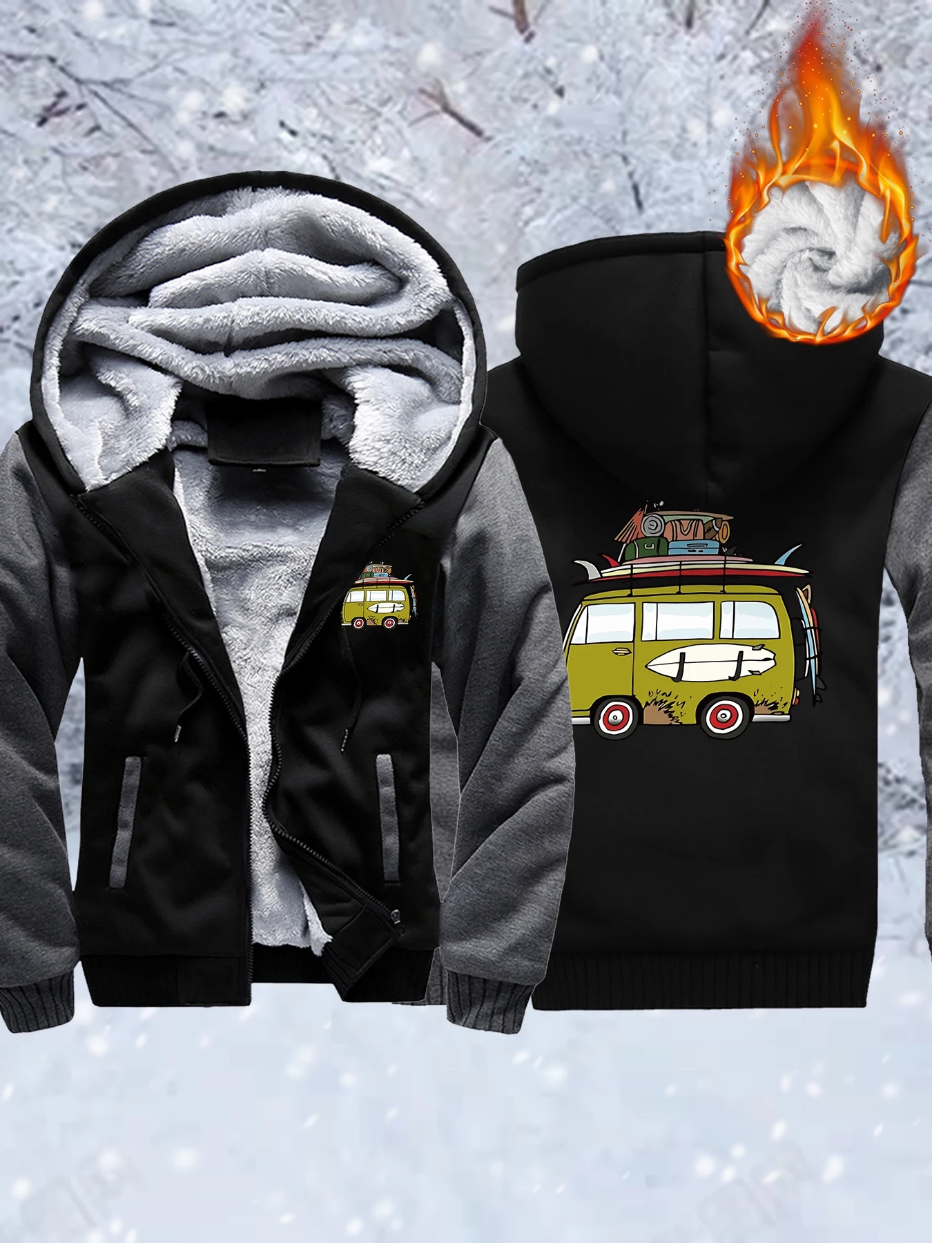 

Creative Surfing Car Design Thicken Coats Men Oversized Zipper Streetwear Winter Comfortable Jacket Casual Fleece Clothes