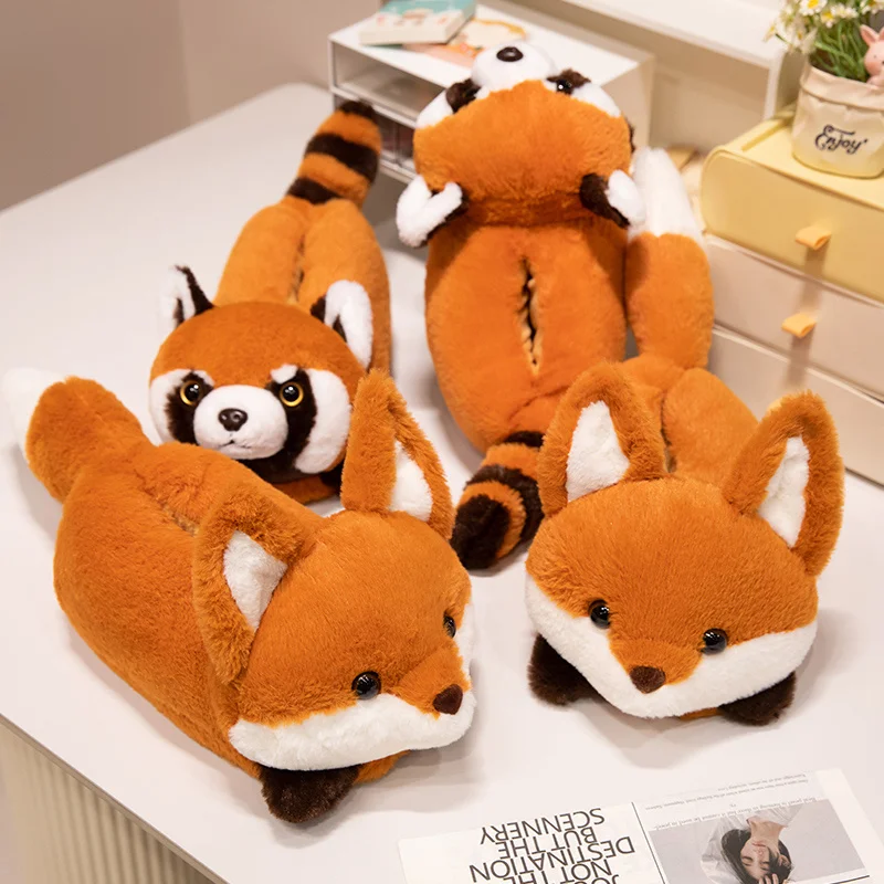 Cute Red Panda Fox Shoes Women Men Winter Slippers Warm Plush Soft Sole Girls Indoor Home Floor Slipper Women Cartoon Footwear