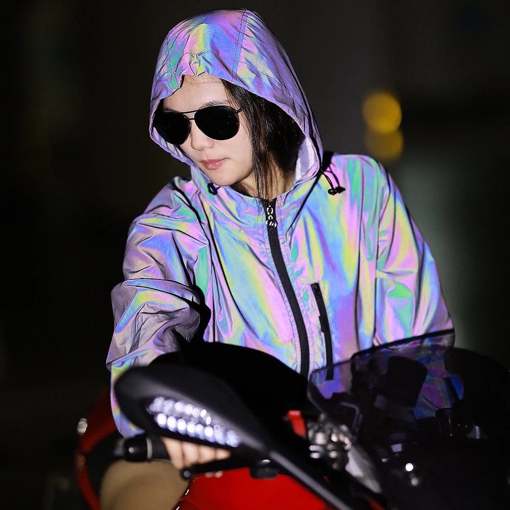 WOSAWE jackets motorcycle Reflective jacket men women Streetwear Noctilucent jacket waterproof hooded hip-hop night shiny coats