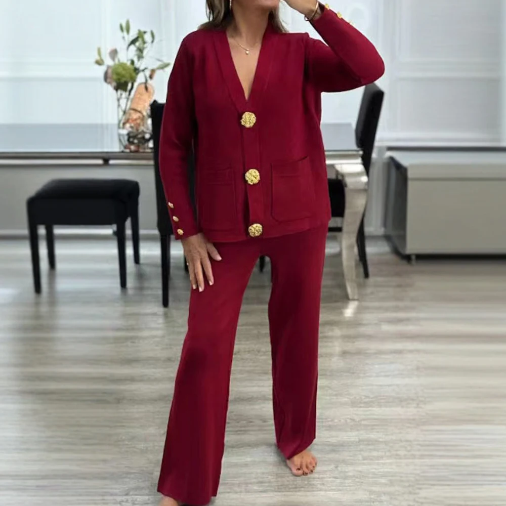 Conjunto de dos piezas de punto informal para mujer, cárdigan de punto con hebilla de Metal, suéter y pantalones de pierna ancha para primavera y otoño