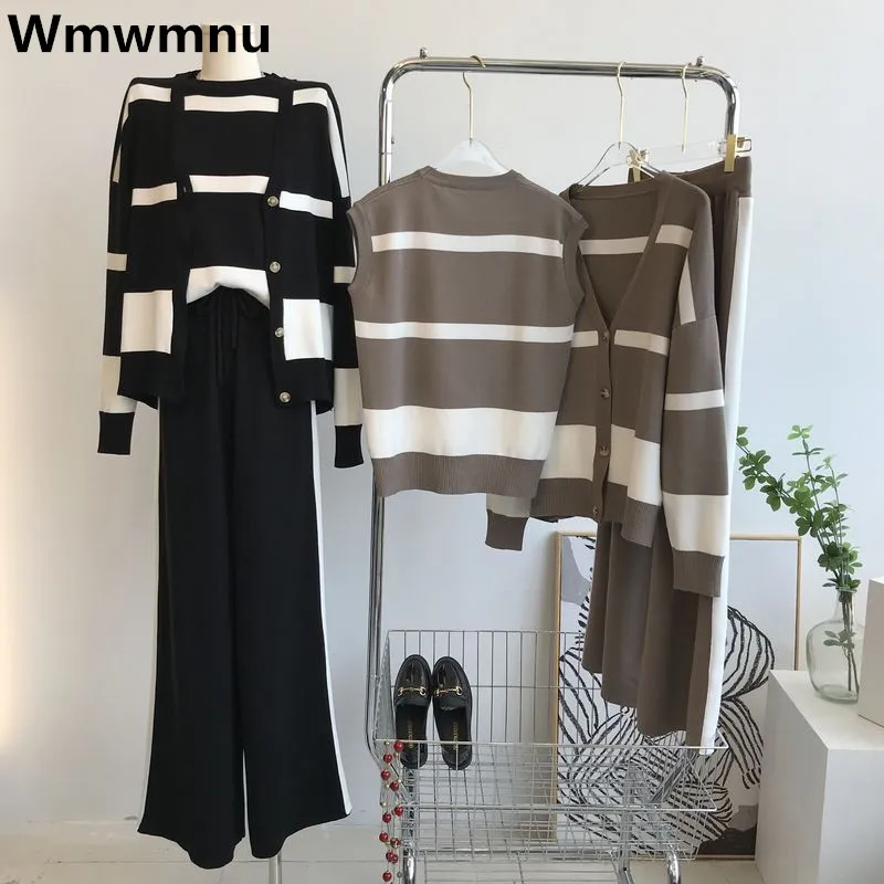 Casual Womens Knitt 3 Piece Sets Vintage Knitwears Cardigan Striped + Sweater Vest Tops Suit Malhas Wide Leg Pants Outfits Loose