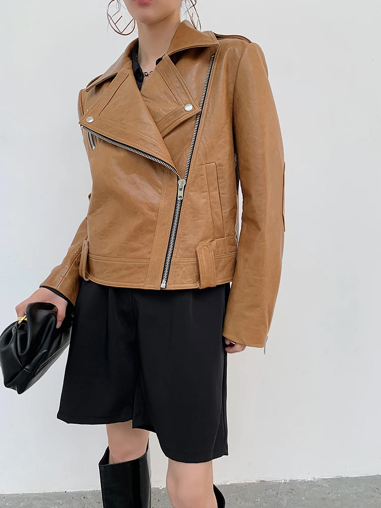 痩身効果短縮オイルワックス本物のシープスキンレザージャケット女性のオートバイスタイルルーズフィットグリーンアウターウェア