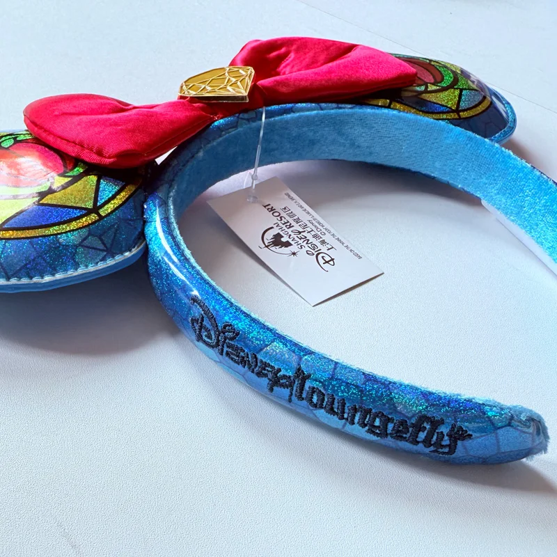 Snow White Stained Glass Minnie Ear Headband Blue Glitter Mickey Mouse Ears Headband With Red Bow Disney Cosplay Hair Accessory view 4