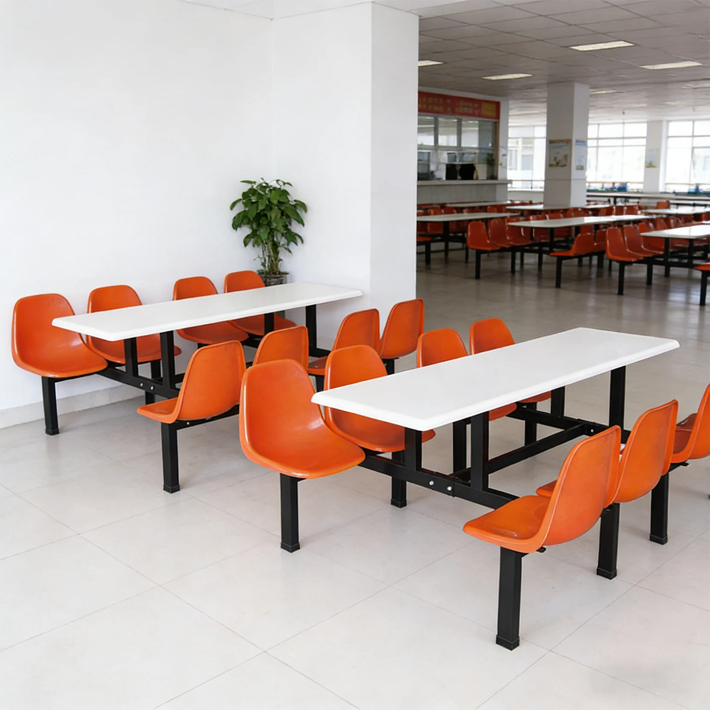 8-Seat modern fiberglass dining table and chair set for school cafeterias and office cafeterias