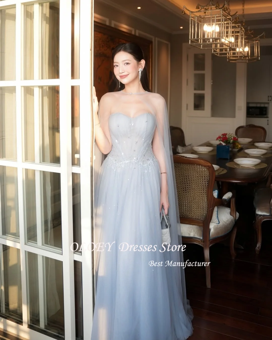 

OLOEY Изысканное светло-голубое вечернее платье из органзы по индивидуальному заказу, элегантное платье с круглым вырезом и шалью без рукавов на молнии сзади, платье для особых случаев