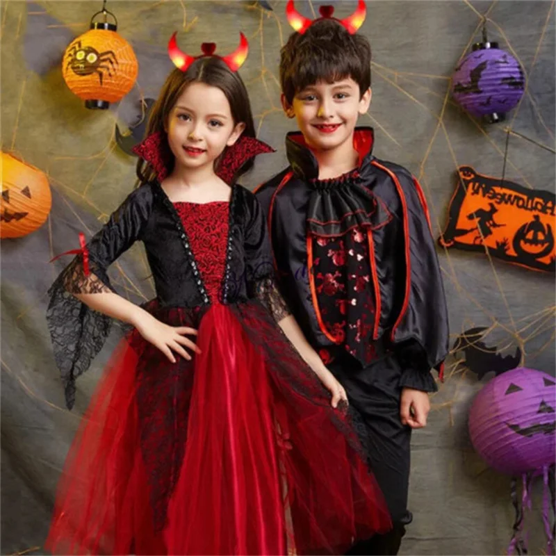 Halloween Costume For Girls Baby Boy Vampire Princess Dress Scarlet Witch Devil Ghost Clothes Vampire Cloak Costume Kids Cosplay