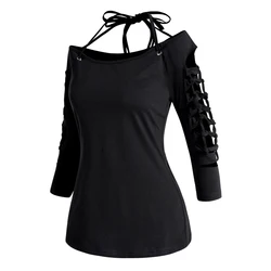 Spring New Women Solid Black Ripped Cut Out Lace Up Half Sleeve Tops Open Shoulder Casual Halter Neck Fashion Tee