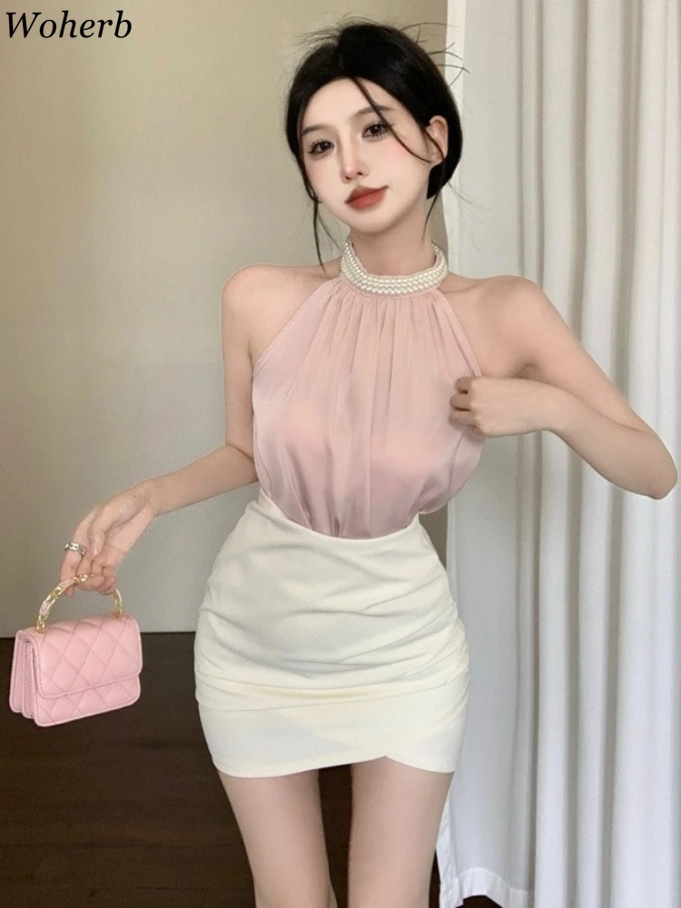

Women Clothing 2 Piece Sets Temperament Pearl Halter Y2k Sleeveless Tunic Tops High Waist Pleated Mini Skirt Outfits Summer Set