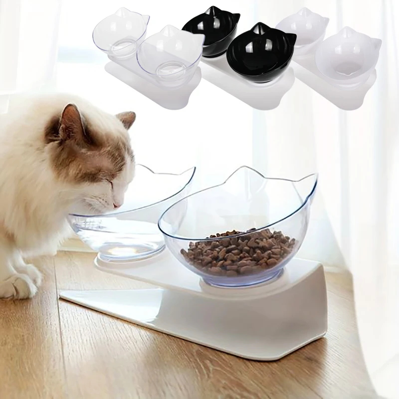 Double Cat Bowl With Stand For Small Cats Dog Kitten Elevated Non-slip Water Food Feeder Transpare Bowl Puppy Kitty Pet Supplies