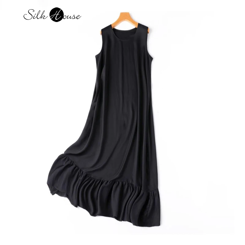 

Women's Fashion Extended 50% Natural Mulberry Silk 50% Cotton Round Neck Sleeveless Loose Ruffle Bottom Black Casual Dress