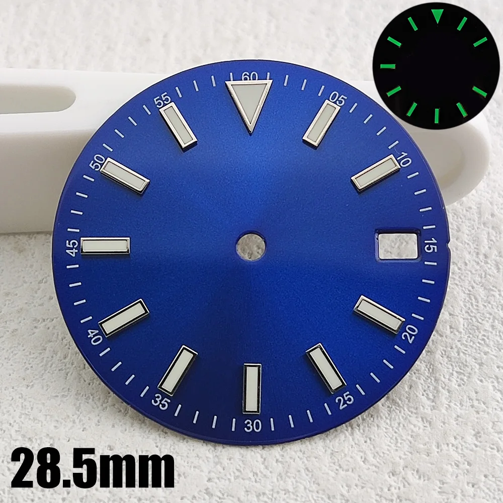 Nh35 dial 28.5mm relógio dia verde luminoso relógio dial acessório de substituição caber nh35/nh36 movimento automático logotipo personalizado e nome