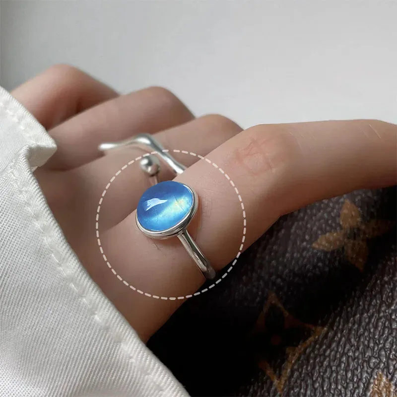 PANJBJ 925 Sterling Silber Mondstein Unregelmäßigen Ring für Frauen Party Geschenk Adjustabler Persönlichkeit Koreanische Dropshipping – Detail 14